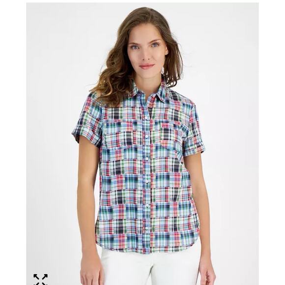 Nautica Jeans Women's Blue Patchwork Plaid Camp Button-Up Shirt Top Size:: XL - Picture 1 of 6